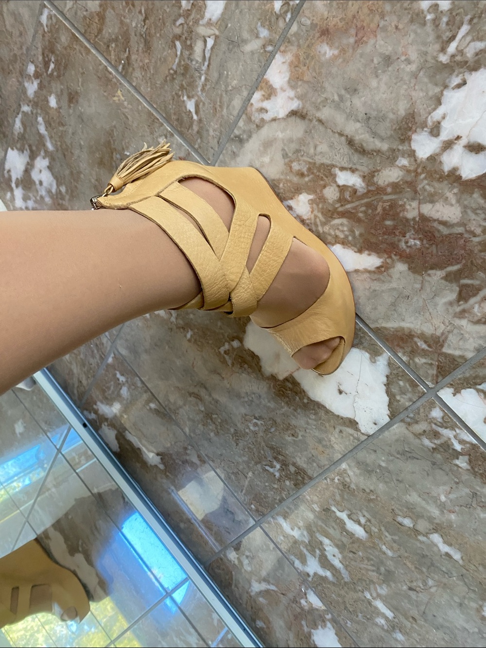 Dolce Vita Mustard Tan Strappy Peep-Toe Wedge Heels - Picture 3 of 7